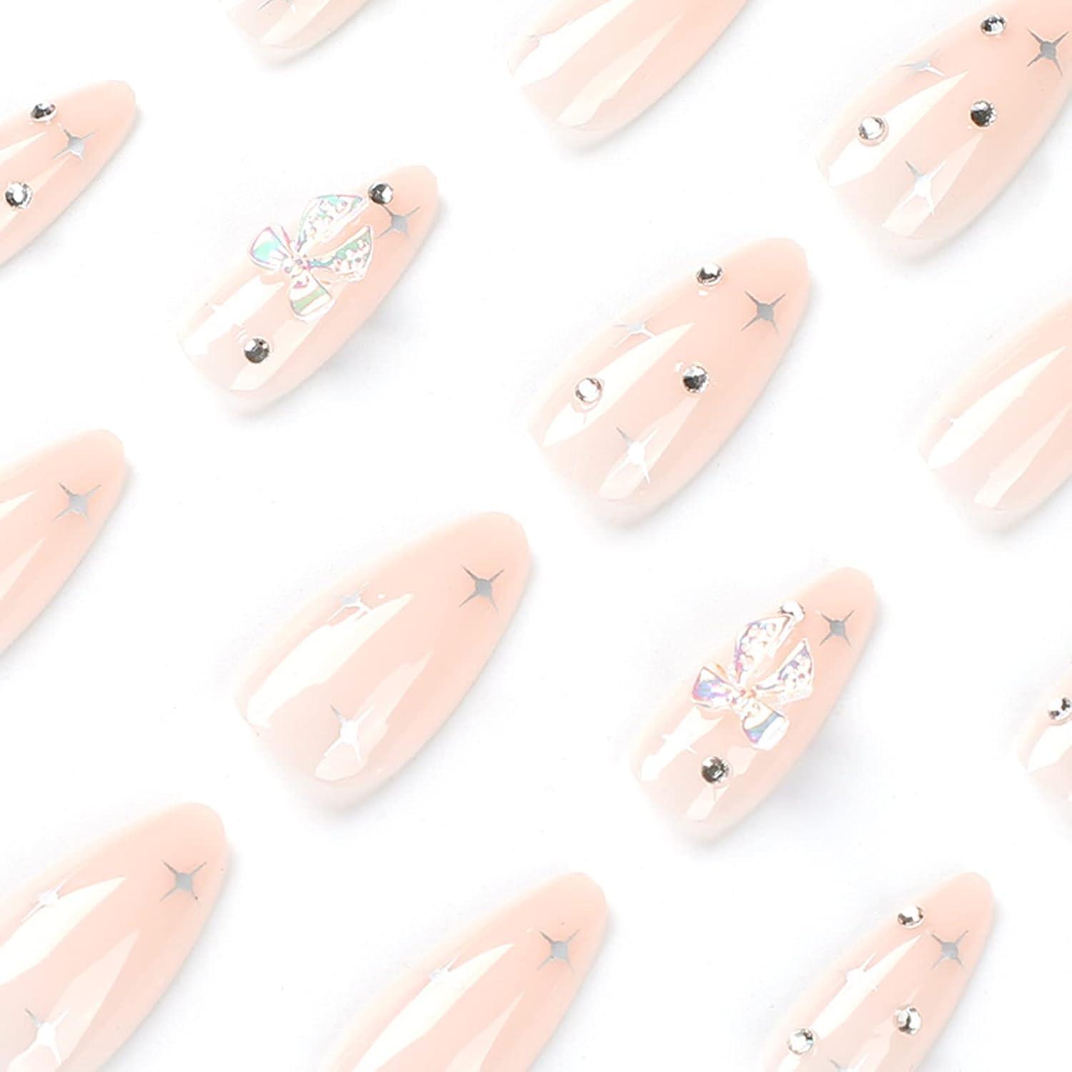 24 Stück Mandel Nägel Aufkleben French Stiletto Glitzer Kit