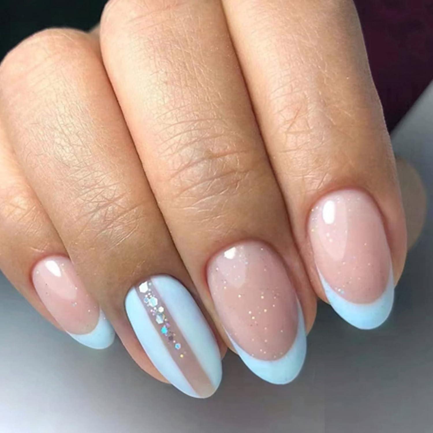 24 Stück Mandel Nägel French Hellblau Künstliche Glossy Press on Nails