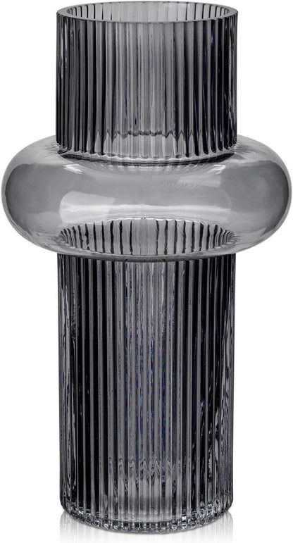 Moderne Glasvase mit Rillen Dekorative Blumenvase Ins Style 25cm Grau
