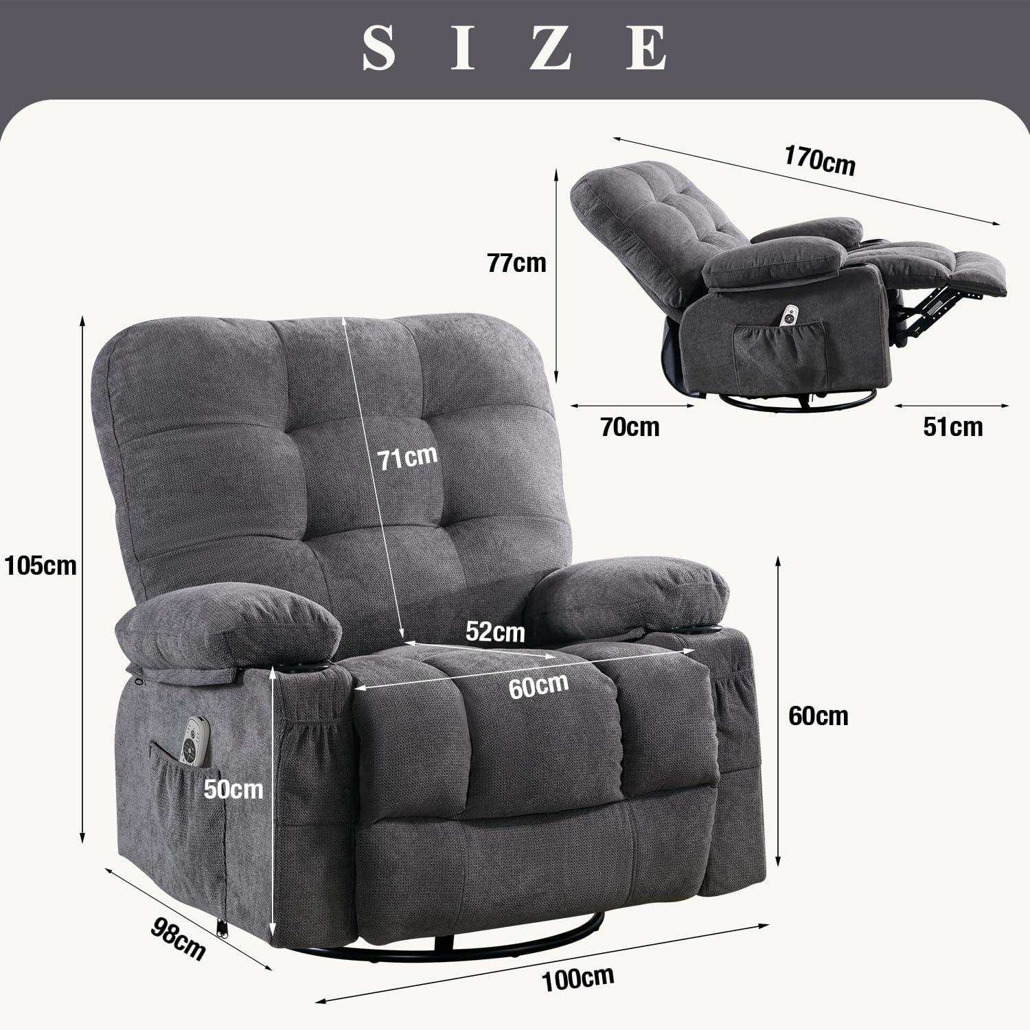 Massagesessel Liegefunktion Oversize 360° Drehbar Grau