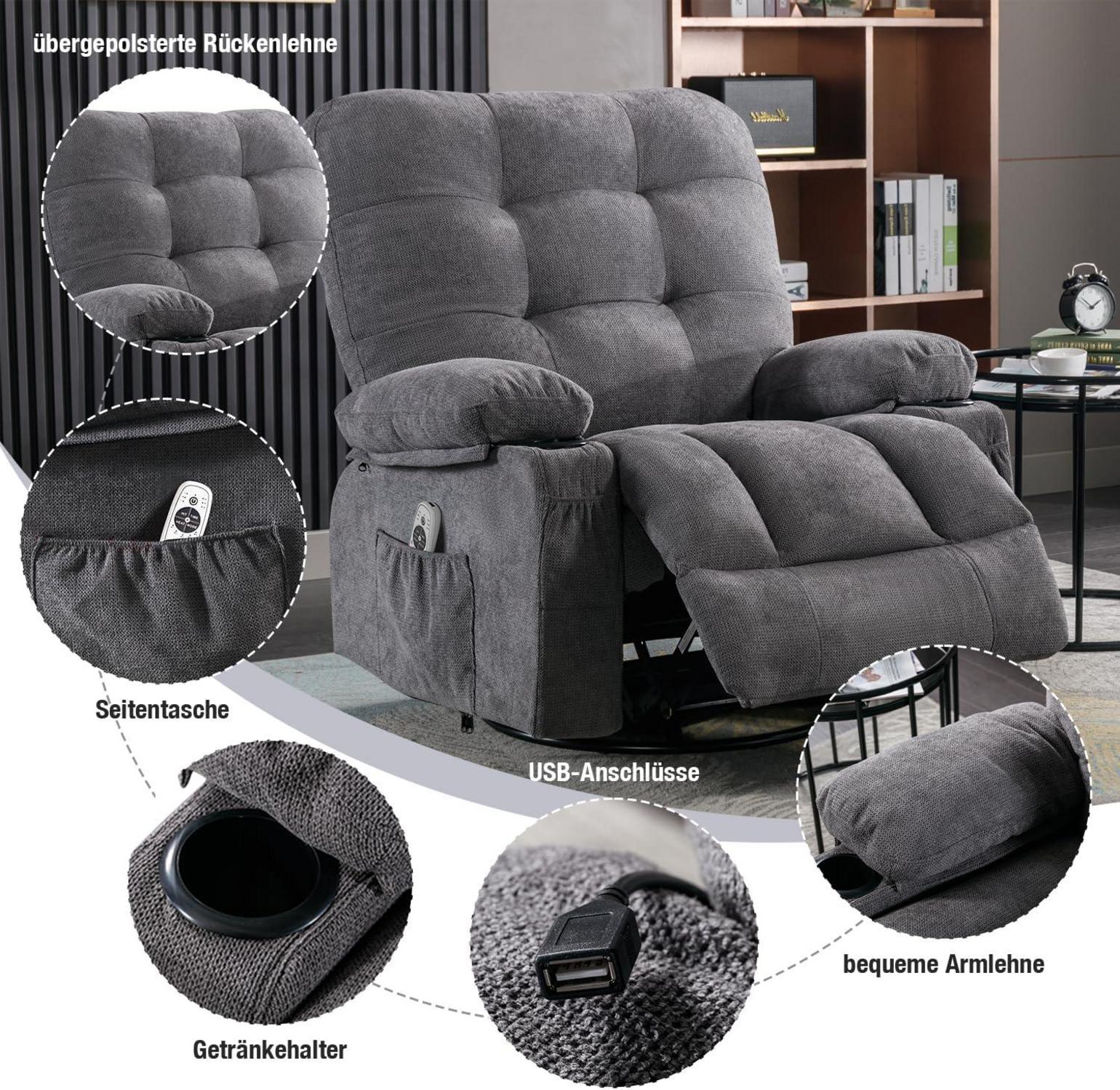 Oversize Massagesessel mit Liegefunktion, 360°Drehbar, Heizung - Grau