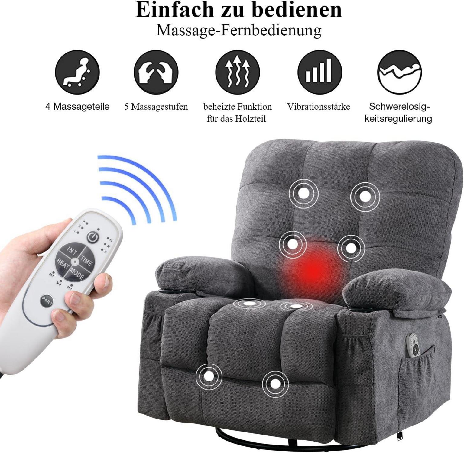 Relaxsessel Liegefunktion Massage Heizung 360° Drehbar Oversize Grau