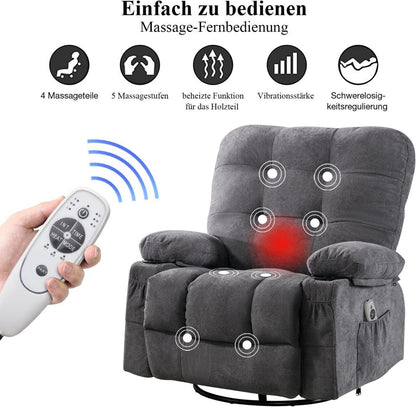 Relaxsessel Liegefunktion Massage Heizung 360° Drehbar Oversize Grau