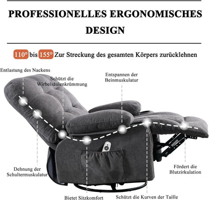 Oversize Massagesessel mit Liegefunktion, 360°Drehbar, Heizung - Grau
