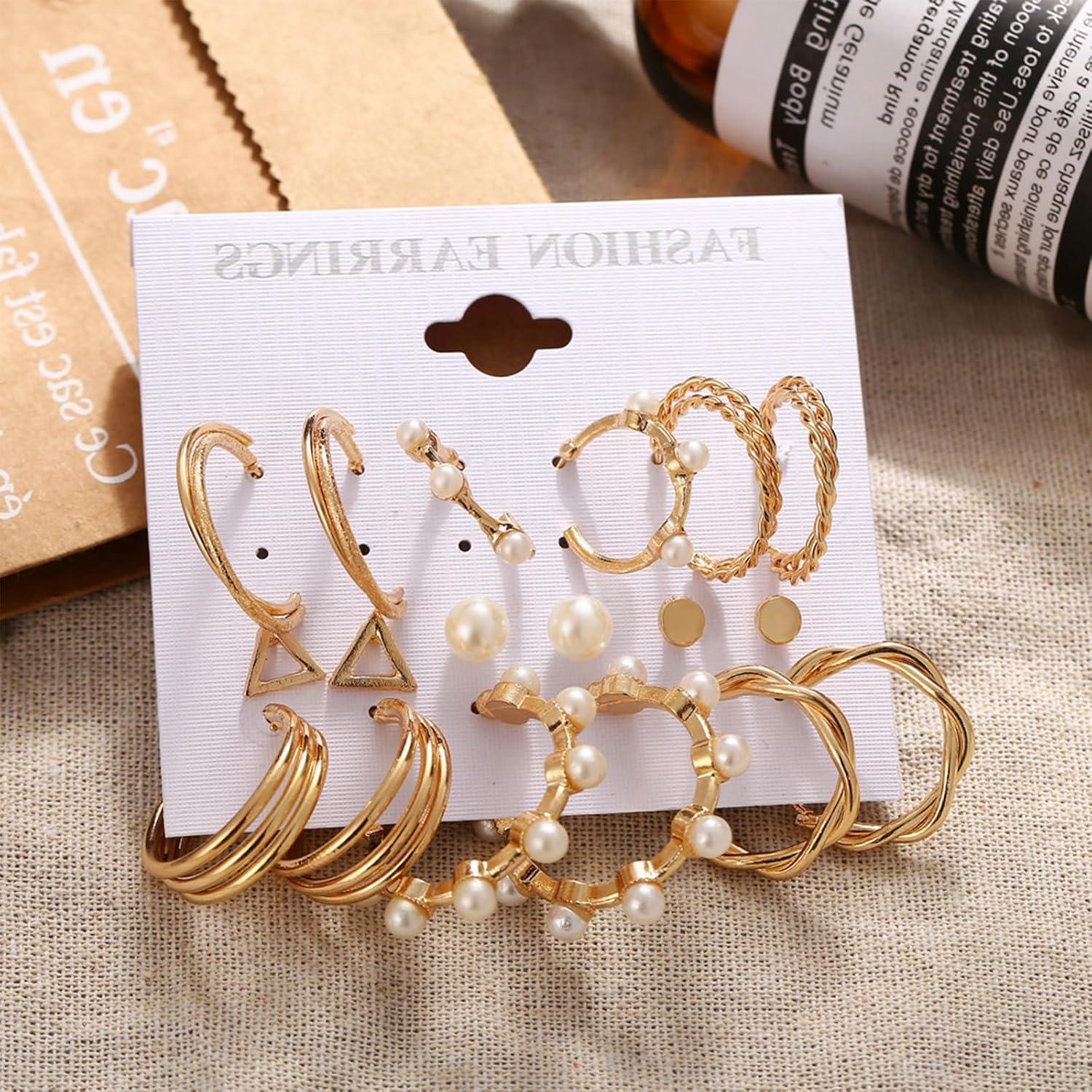 LOCCY 45 Paar Gold Ohrringe Set Damen Mädchen Boho Perlen Creolen Ohrstecker
