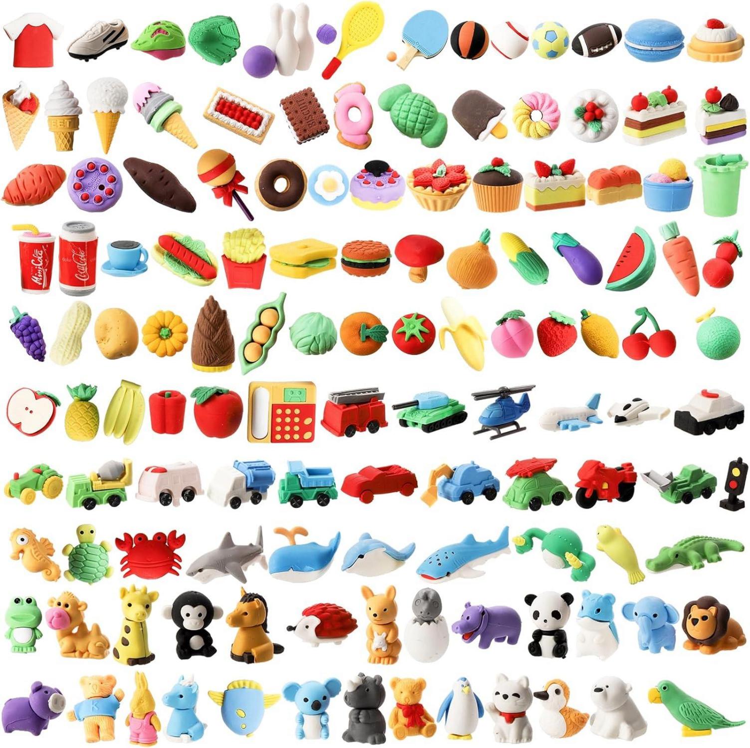Tier-Radiergummis 125er Pack, 3D-Puzzle, Lebensmittel-Obst-Bleistift