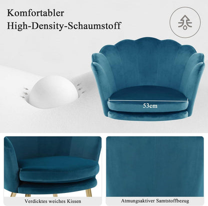 Samtstuhl Blau-gold mit Metallbeinen, ergonomisch, stabil und langlebig