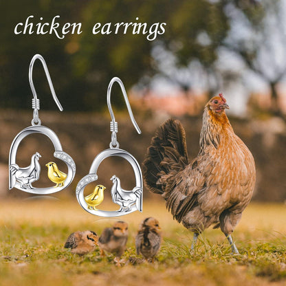 Huhn Ohrringe Sterling Silber Mutter Kind Herz Tropfen Bauernhof Tier