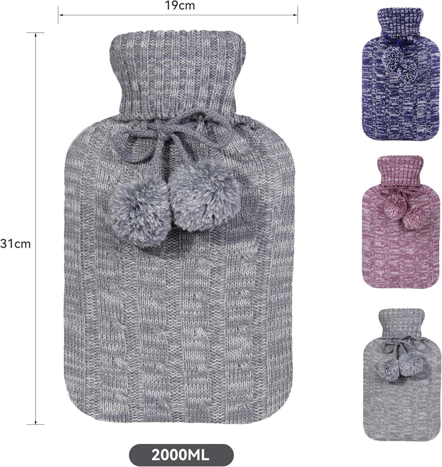 Wärmflasche mit Strickbezug 2L hellgrau Premium Qualität Warmhalteflasche
