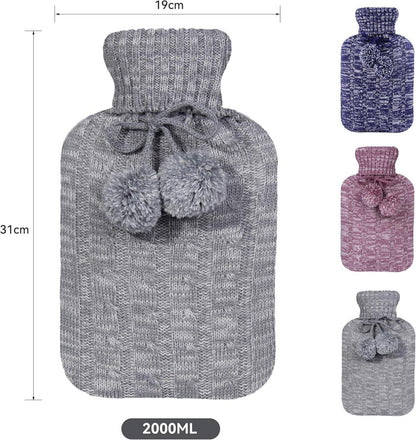 Wärmflasche mit Strickbezug 2L hellgrau Premium Qualität Warmhalteflasche