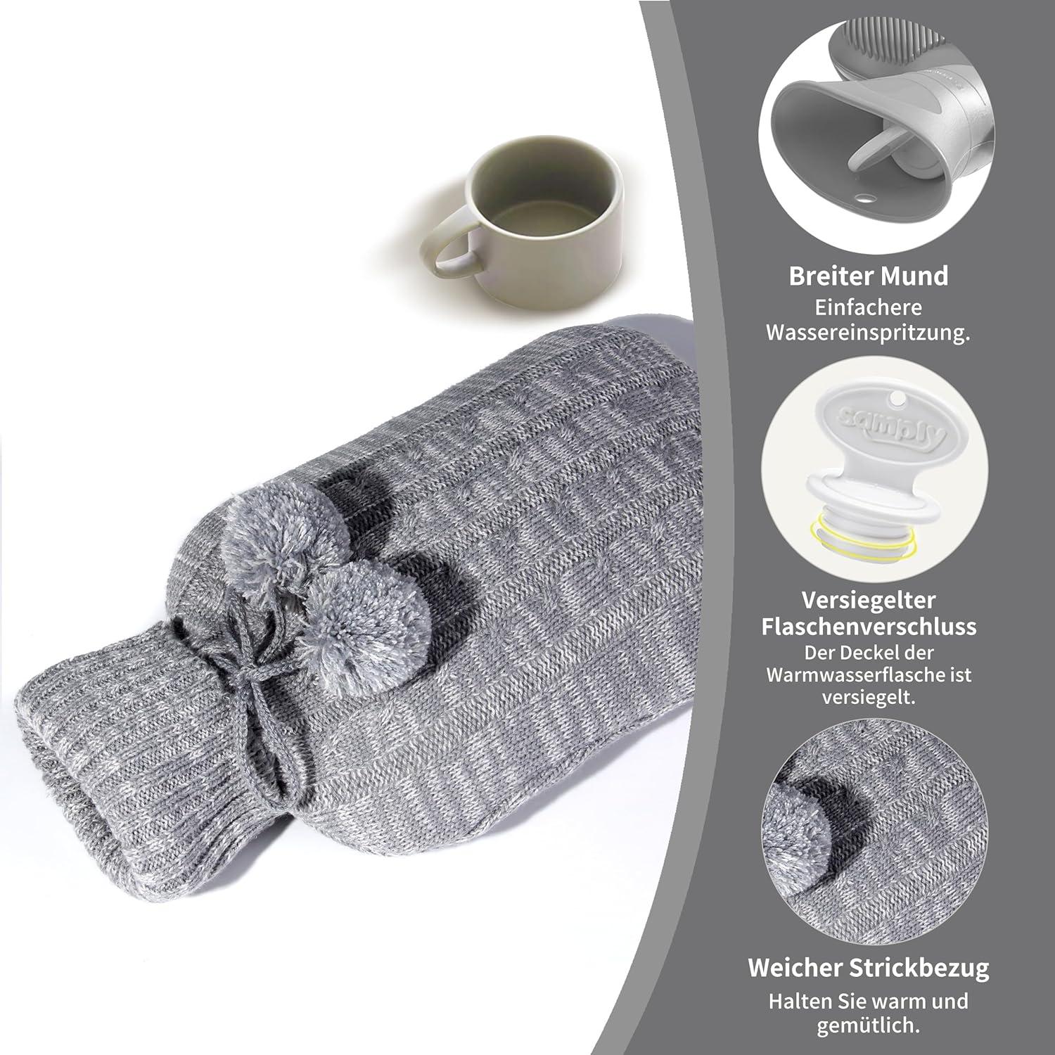 Wärmflasche mit Strickbezug 2L groß - Weich & langlebig - Hellgrau
