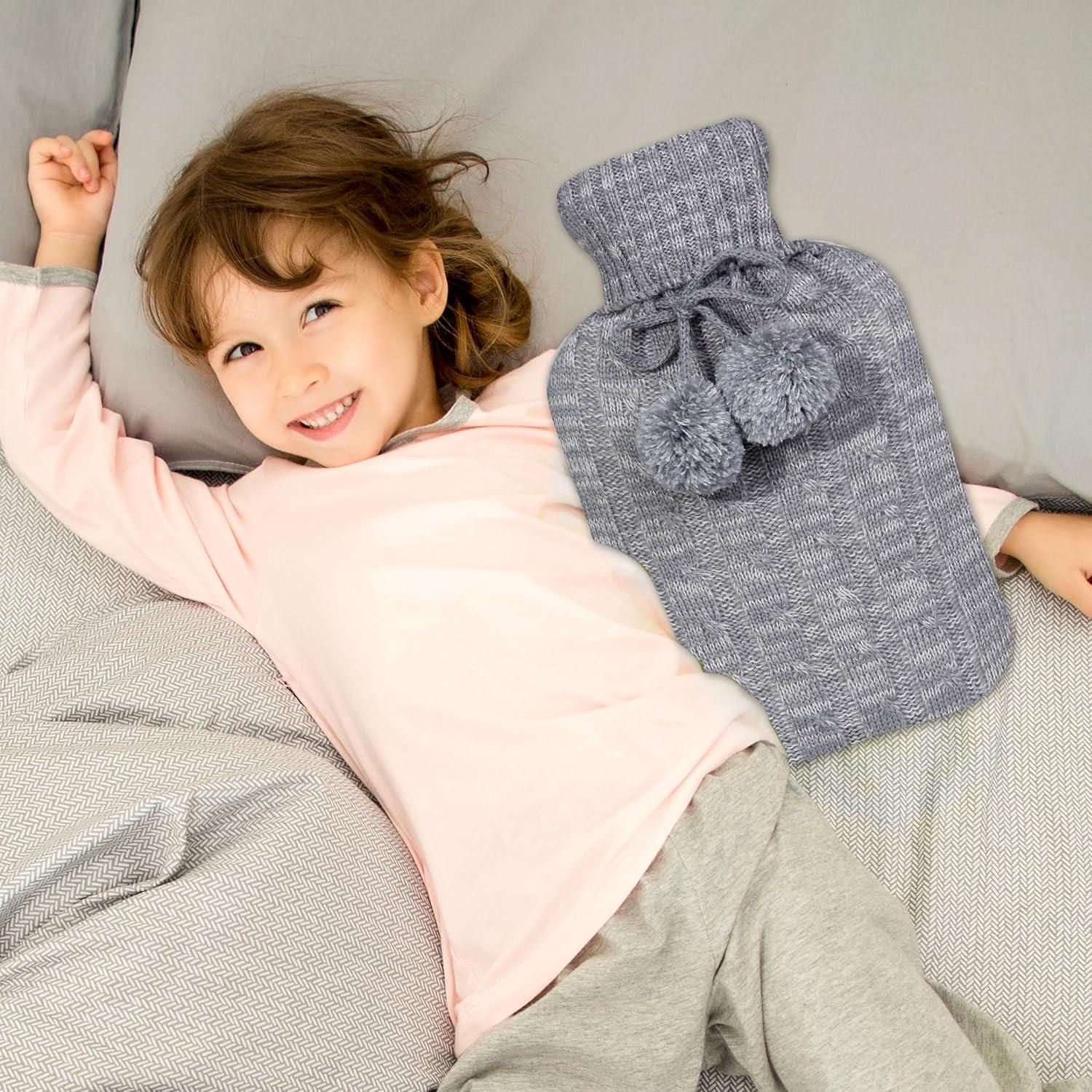 Wärmflasche mit Strickbezug - 2L groß, hellgrau, Premium-Qualität