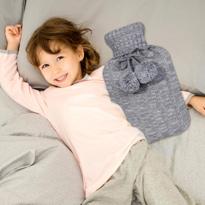 Wärmflasche mit Strickbezug - 2L groß, hellgrau, Premium-Qualität