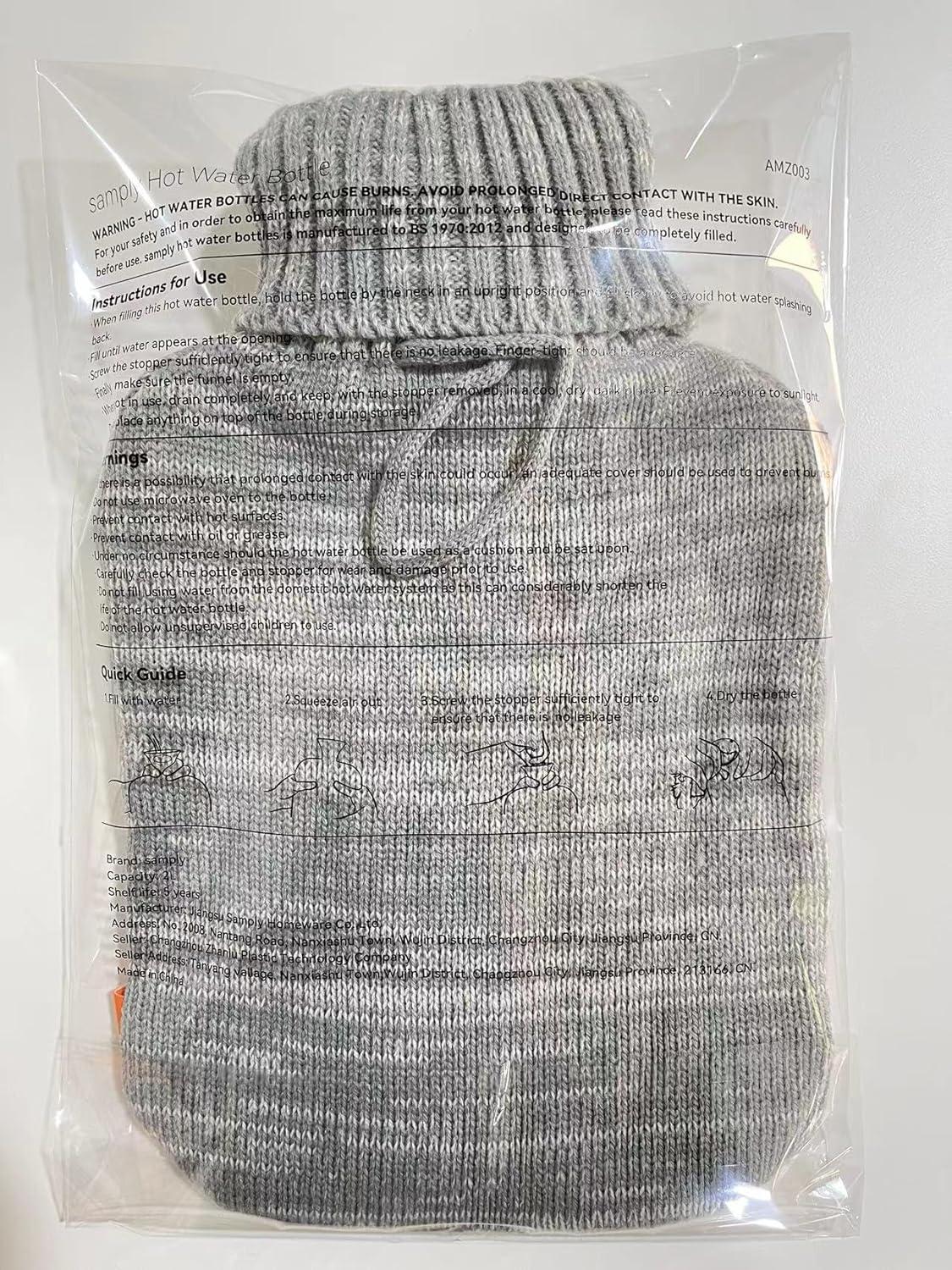 Wärmflasche mit Strickbezug 2L hellgrau Premium Qualität Warmhalteflasche