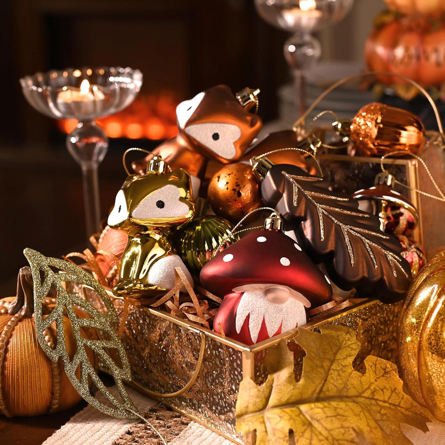 VALERY MADELYN Herbstdeko Kunststoff Kugeln 24 Stück Aufhängen Deko Fuchs Zwerg Pilze Plastik 5-12cm