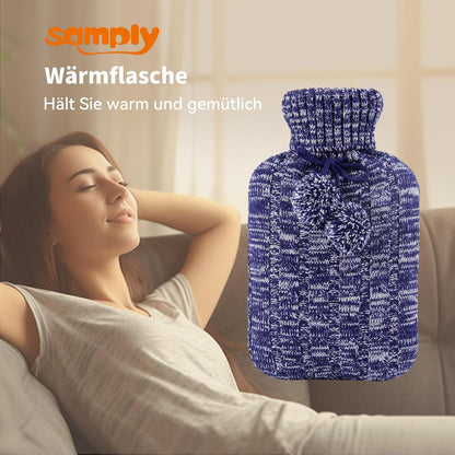 Wärmflasche 2L mit Strickbezug - Premium Qualität Blau