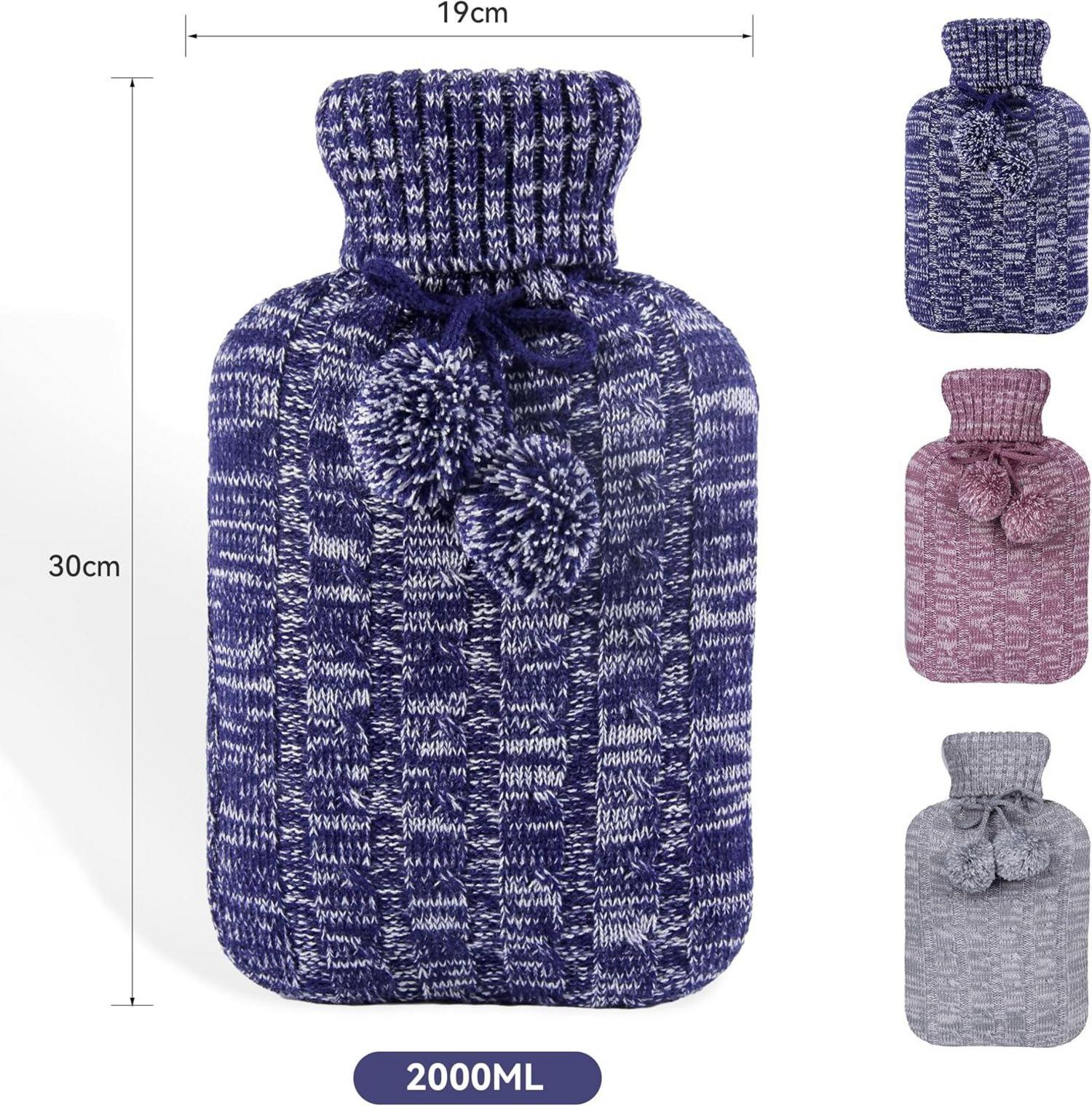 samply Wärmflasche 2L mit Premium Strickbezug in Blau
