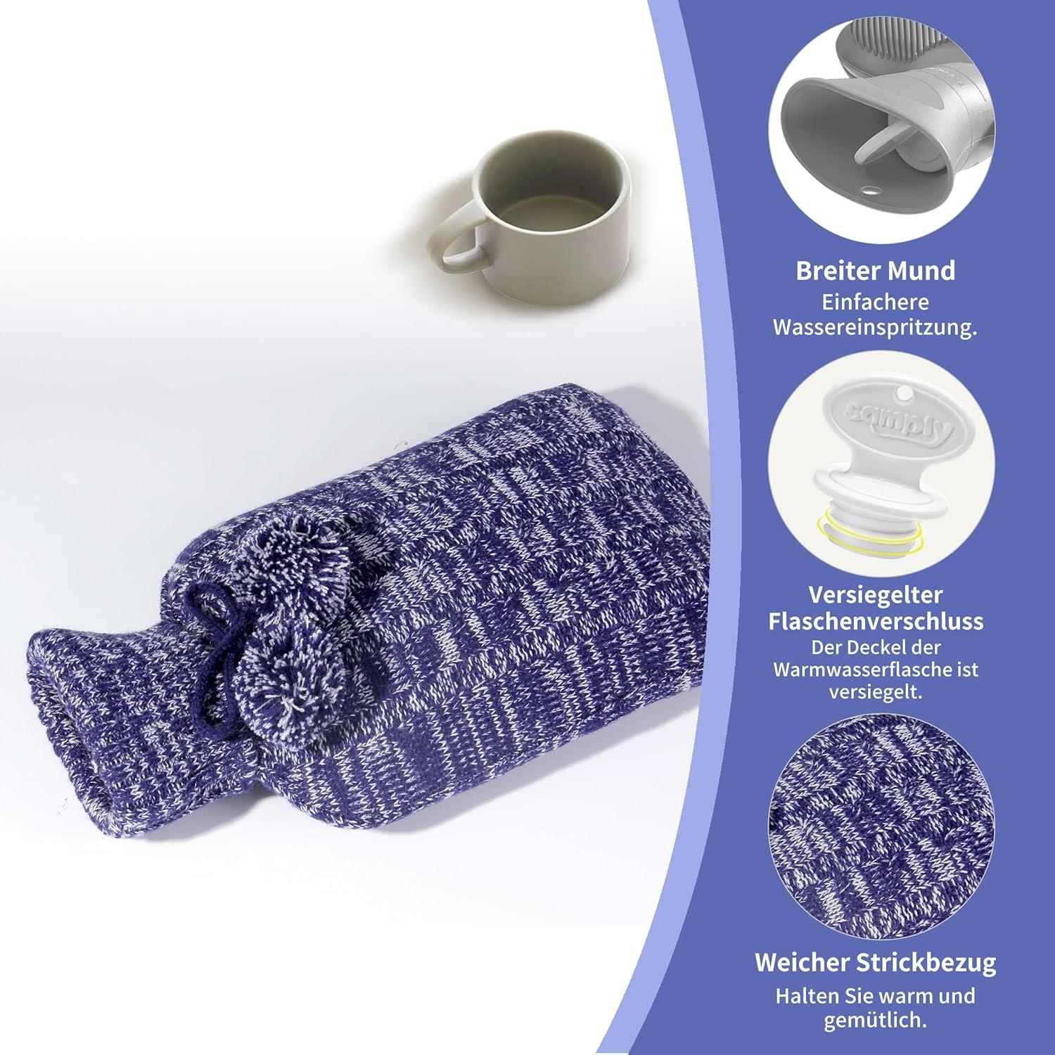Wärmflasche mit Premium Strickbezug, 2L groß, blau - 1 Jahr Garantie