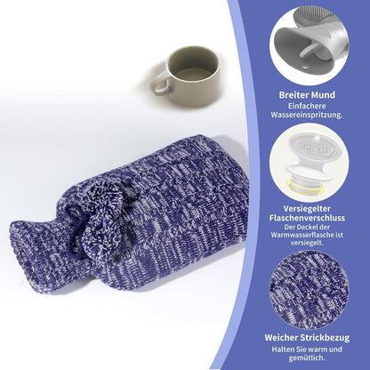Wärmflasche mit Premium Strickbezug, 2L groß, blau - 1 Jahr Garantie
