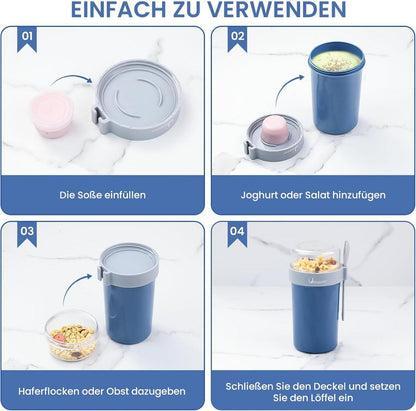 Bugucat Müslibecher to Go 760ml+230ml Joghurtbecher Löffel auslaufsicher Müsli Cup Becher Blau