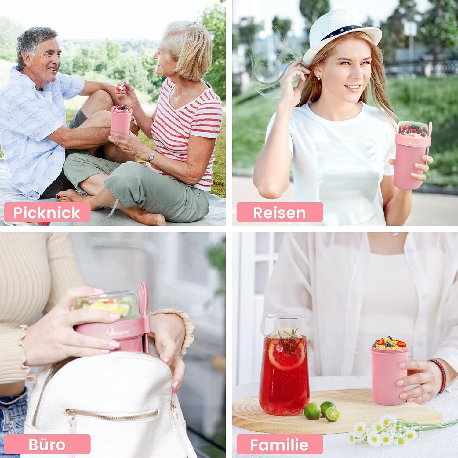 Bugucat Müslibecher to Go 760ml+230ml Kinder Rosa Löffel