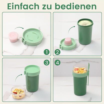 Bugucat Müslibecher to Go 760ml + 230ml mit Löffel, Grün