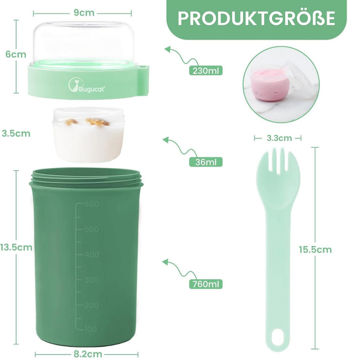 Bugucat Müslibecher to Go 760ml + 230ml mit Löffel, Grün