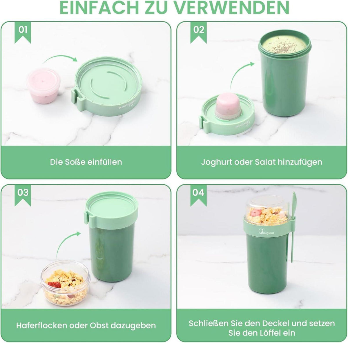 Bugucat Müslibecher to Go 760ml Joghurtbecher Löffel auslaufsicher Müsli Becher Cup Kinder Grün