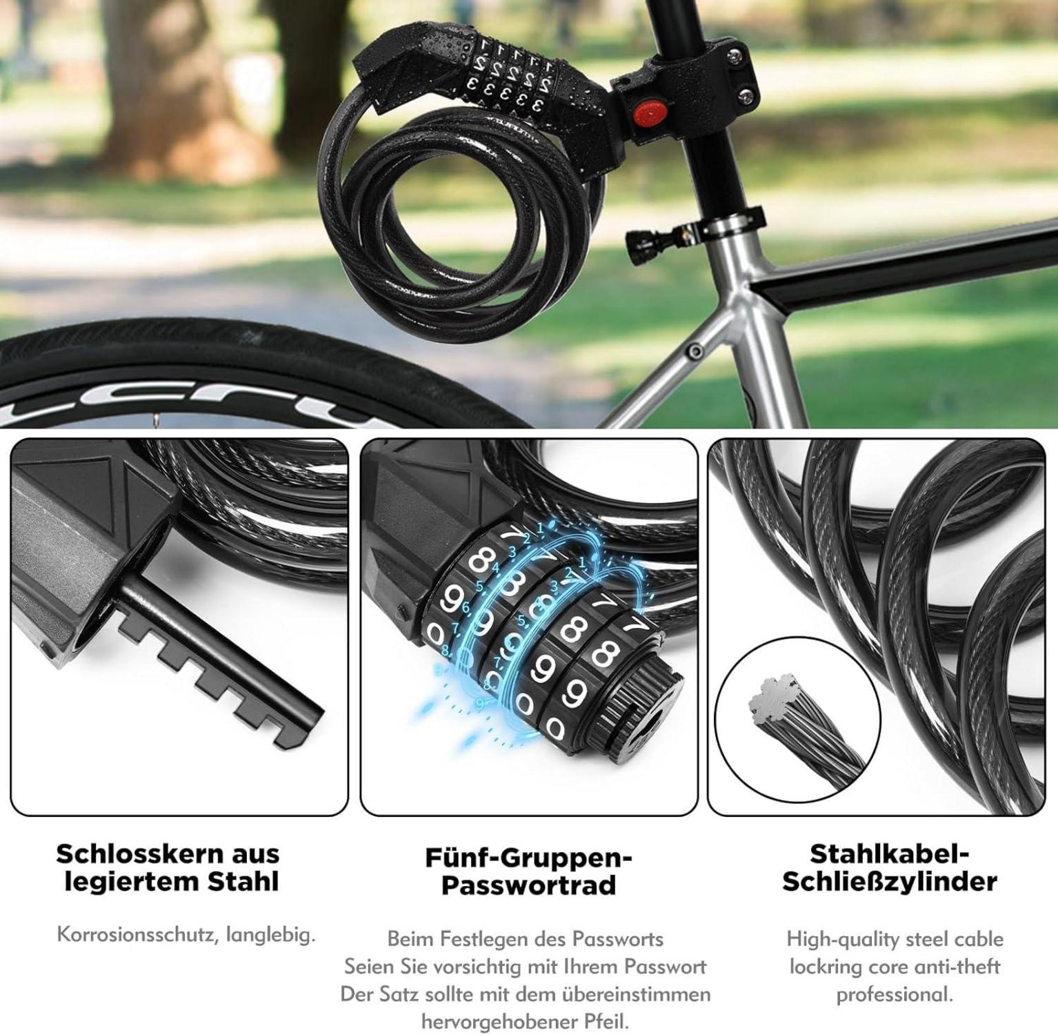 Fahrradschloss Zahlenschloss 120cm Stahlkabel hohe Sicherheit wasserdicht