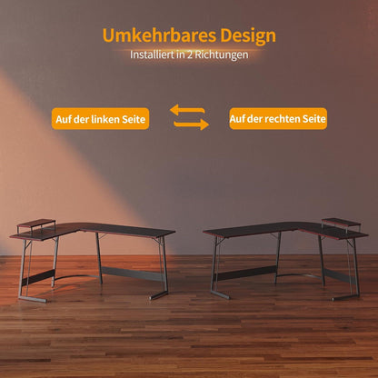 Gaming Eckschreibtisch 120x120 cm L-Form Monitorständer Platzsparend Schwarz