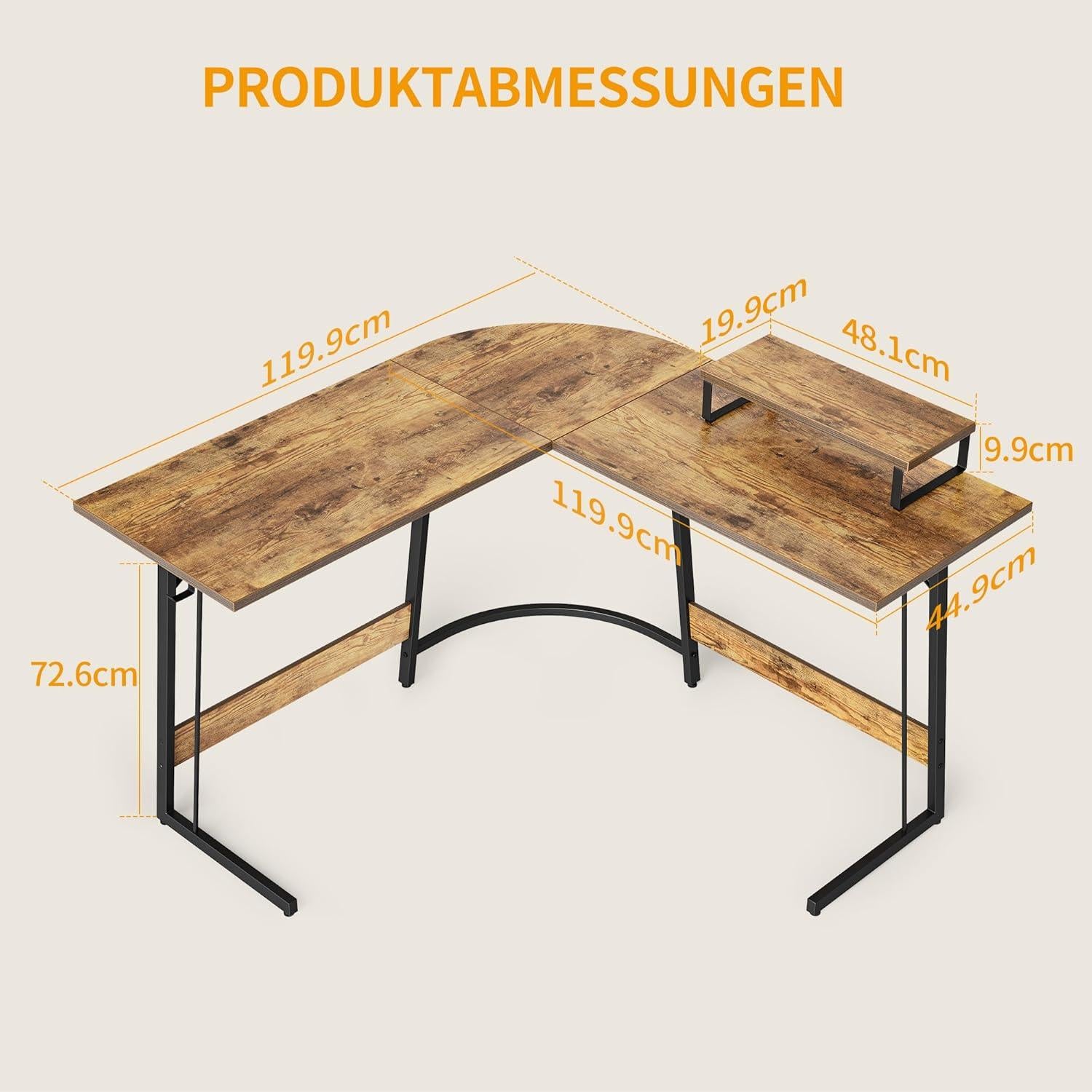 Gaming Eckschreibtisch 120 x 120 cm L Form Monitorständer Vintagebraun