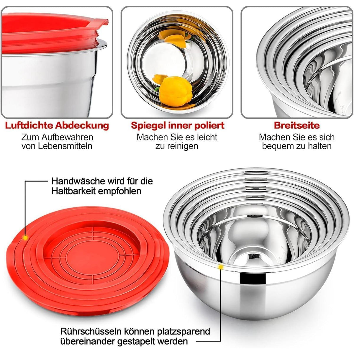 Edelstahl Rührschüssel Set mit Deckel, 5er Set, Rot