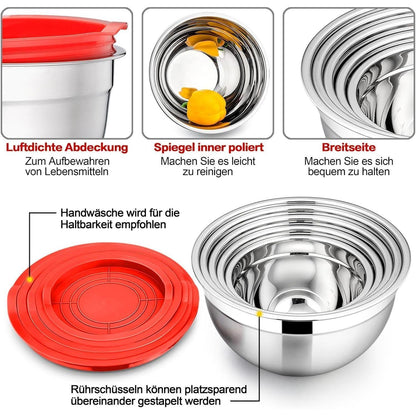 Edelstahl Rührschüssel Set mit Deckel, 5er Set, Rot