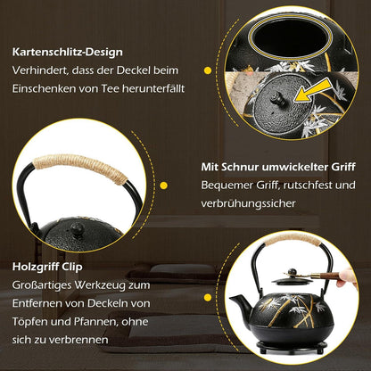 Gusseisen Teekanne Set 1,2 Liter 4 Teebecher Handbemaltes