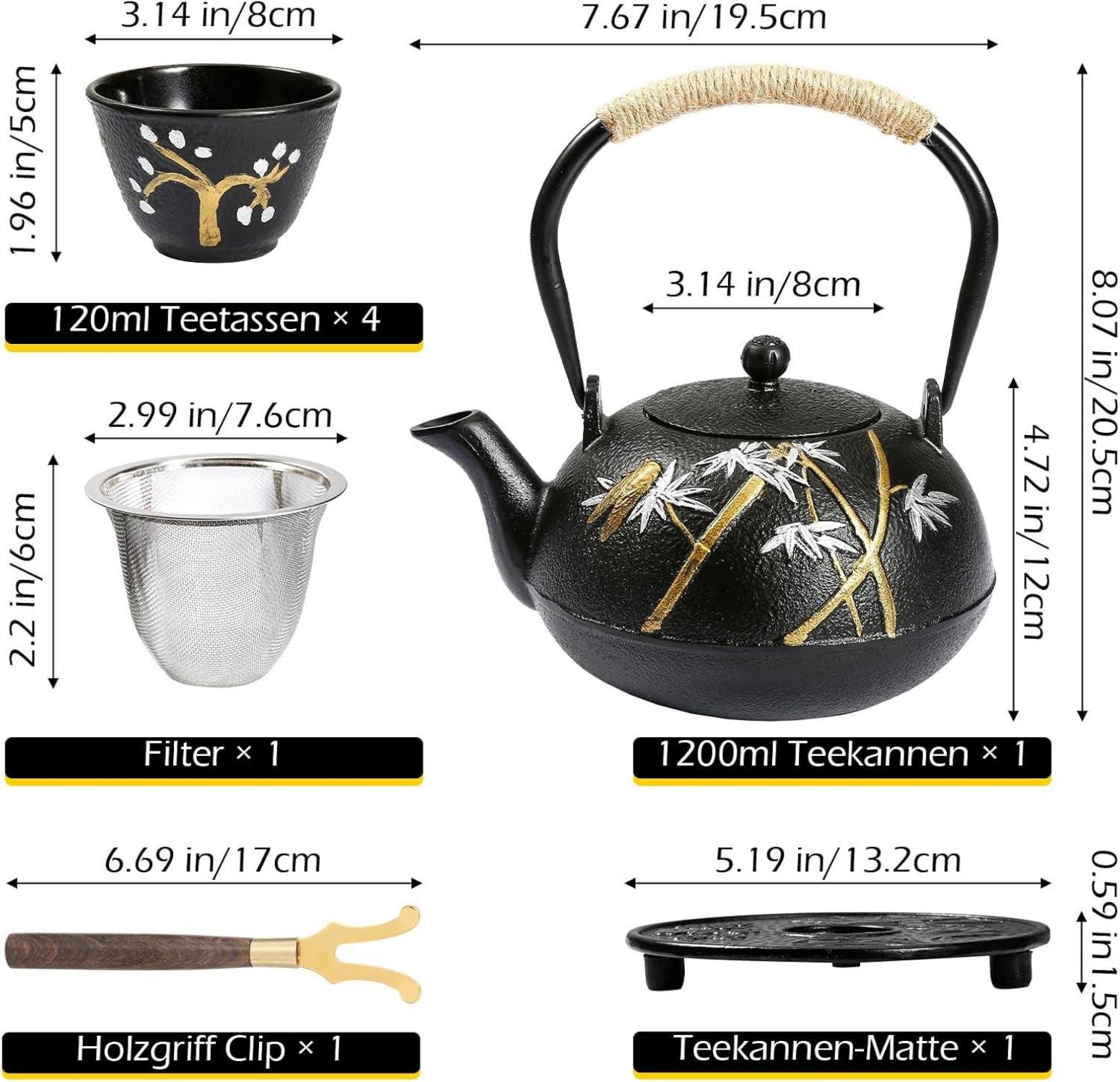 Teekanne Gusseisen Set 1,2 Liter 4 Teebecher Schwarz Bambus Pflaumenmotiv