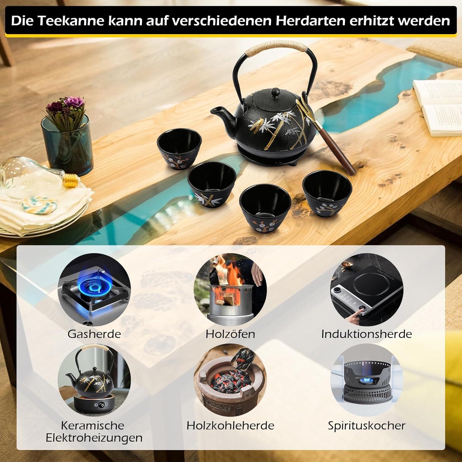 Teekanne Gusseisen Set 1,2 Liter 4 Teebecher Schwarz Bambus Pflaumenmotive