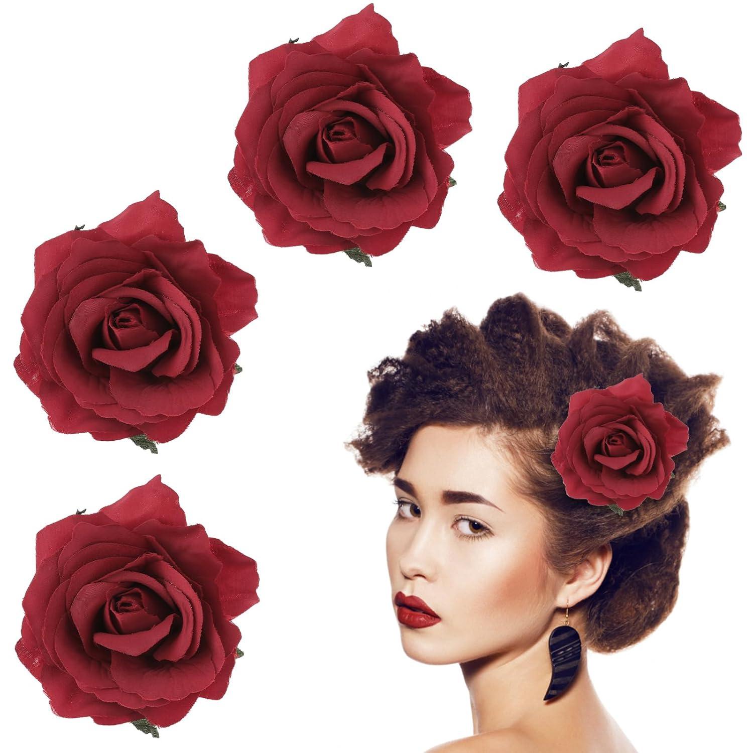 4 Stück Blumen-Haarspangen Rosen Boutonniere Brosche