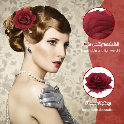 4er Set Blumen-Haarspangen Stoffrose Broschen Haarschmuck_rot