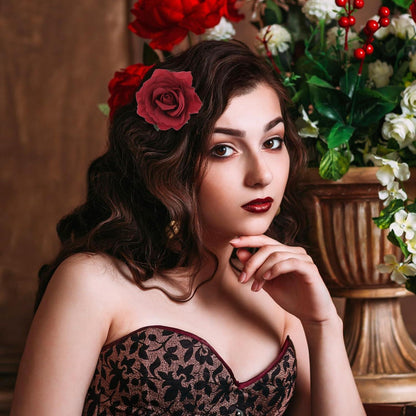 4-er Set Große Rosen Broschen Haarclips Blumen Haarspangen Hochzeit Rot