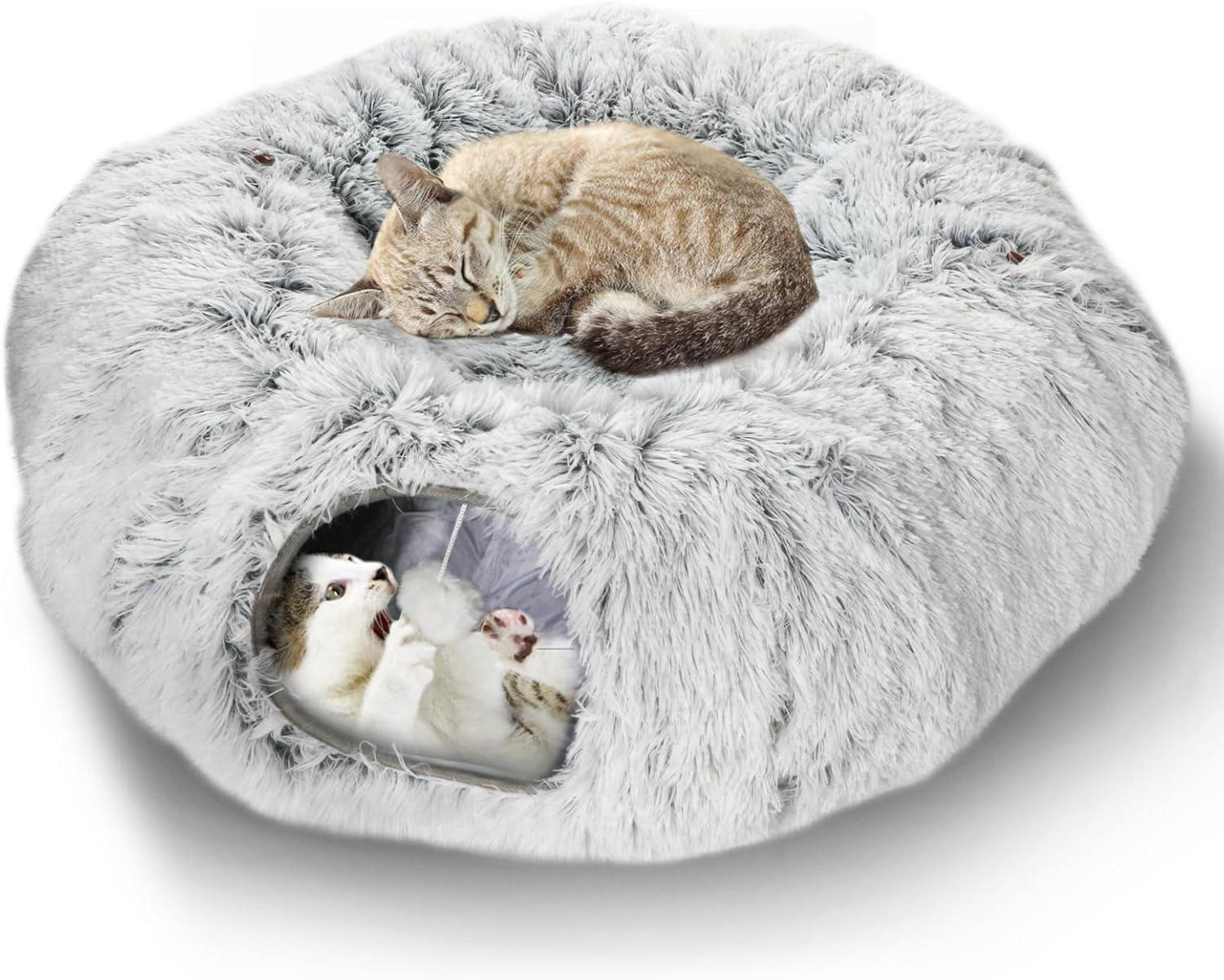 Plüsch Katzentunnel mit Katzenbett und Guckloch für Indoor-Katzen