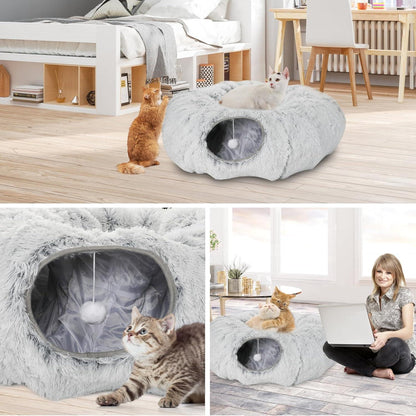Plüsch Katzentunnel mit Katzenbett und Guckloch für Indoor-Katzen