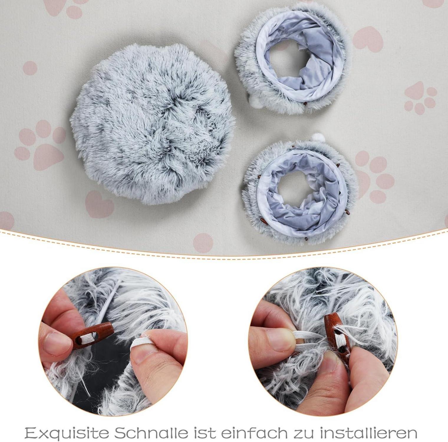 Plüsch Katzentunnel mit Katzenbett und Hängendem Ball Grau