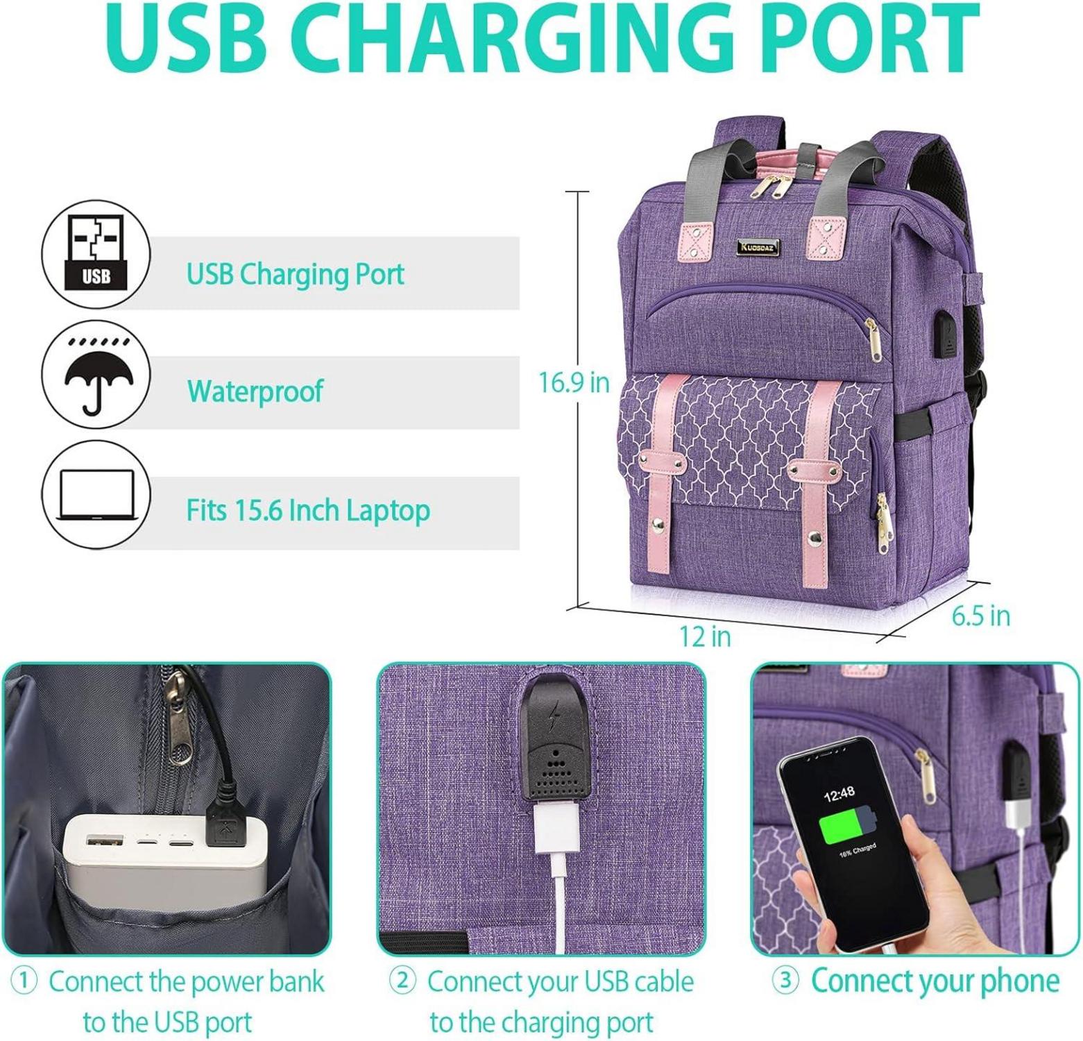 Rucksack Damen USB Ladeanschluss Laptopfach 15,6 Zoll Anti-Diebstahl Reise Mädchen Lila