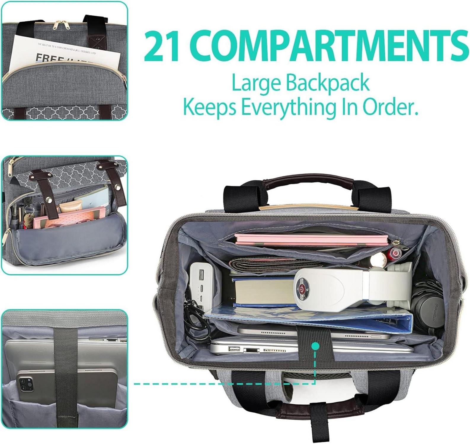 Damen Schulrucksack mit USB Ladeanschluss 15,6 Zoll Laptopfach Grau