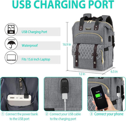 Damen Schulrucksack USB-Ladeanschluss Laptopfach 15,6 Zoll Grau