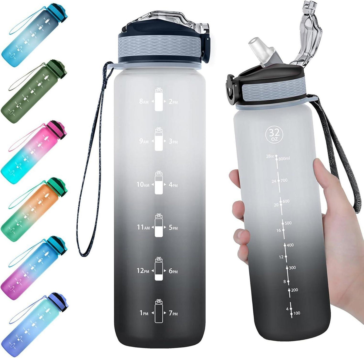 Sport-Trinkflasche mit Strohhalm und Zeitmarker, BPA-frei