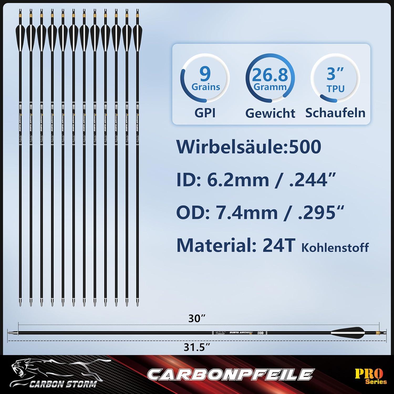 Sunya Carbonpfeile 30 Zoll 12er Pack - Jagdpfeile für