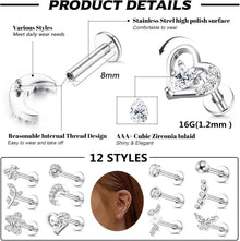 12er Set Tragus Helix Piercing Ohrringe Zirkonia