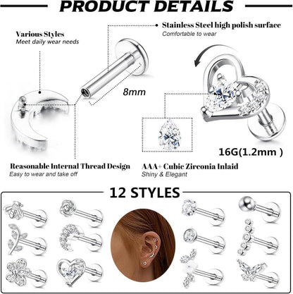 12er Set Tragus Helix Piercing Ohrringe Zirkonia
