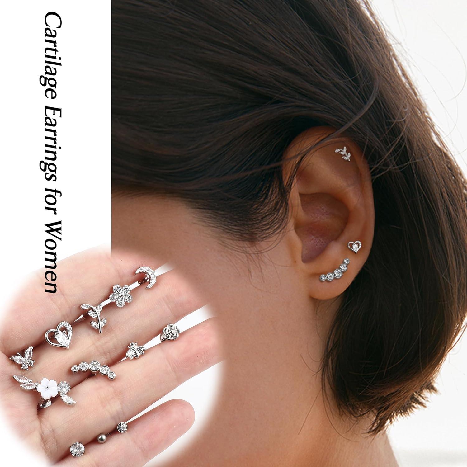 12er Set Tragus Helix Chirurgenstahl Zirkonia Piercing Ohrringe Damen